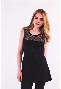 Sleeveless Vest Top with Eyelash Lace in Black