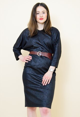 VINTAGE 80S BLACK WET LOOK BATWING SLEEVE PARTY DRESS