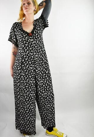 VINTAGE 80S DITSY OVERSIZED JUMPSUIT WITH LACE & ROSE DETAIL