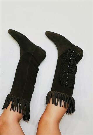 CHARCOAL GREY ZARAFRINGED SUEDE FESTIVAL COWBOY BOOTS