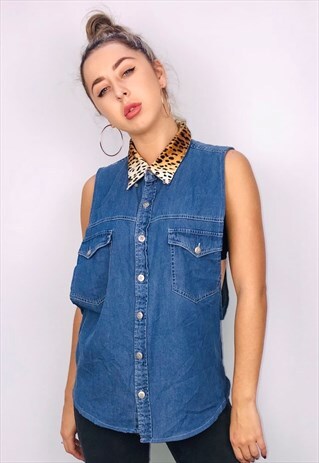 VINTAGE REWORKED DENIM SHIRT WITH LEOPARD PRINT COLLAR