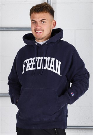 Vintage Champion Hoodie in Navy Pullover Jumper Medium