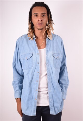 WOOLRICH MENS VINTAGE DENIM SHIRT LARGE BLUE 90S