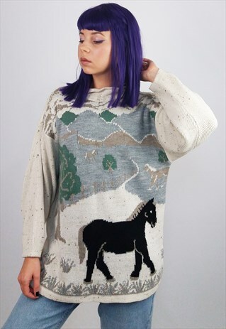 VINTAGE COTTON KNIT NOVELTY JUMPER HORSE PATTERN
