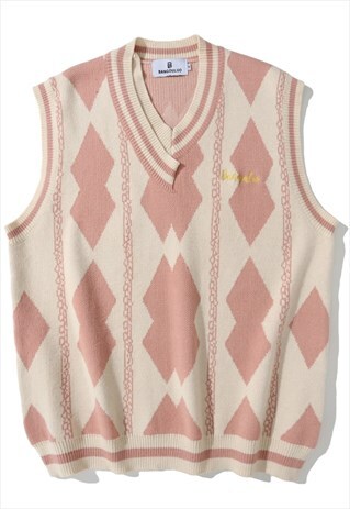 DIAMOND KNITTED VEST SWEATER SLEEVELESS CARDIGAN PASTEL PINK