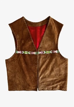 Vintage 1960s Women's Brown Leather Beaded Waistcoat