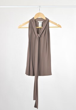 90's Celine Sleeveless Taupe Brown Tie Neck Blouse Top 