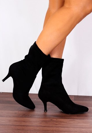 BLACK SOCK STRETCH KITTEN HEEL ANKLE BOOTS