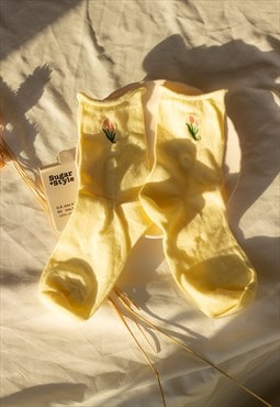 Yellow Tulip Motif Embroidered Socks