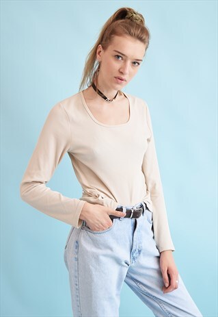 90'S RETRO FESTIVAL RIBBED NEUTRAL TOP BLOUSE