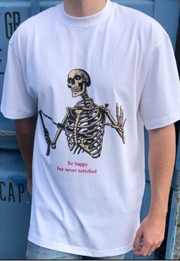 Oversized White T-shirt with graphic design NEVER SATISFIED