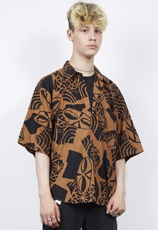 VINTAGE 80'S BROWN HAWAIIAN PRINT PULL-OVER SHIRT