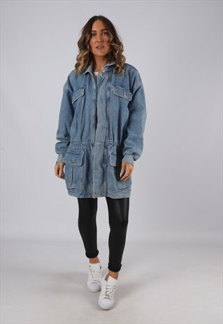 DENIM JACKET LONGLINE OVERSIZED LONG VINTAGE UK 12 (HKEO)