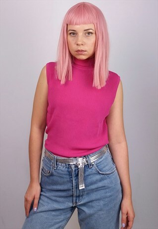 VINTAGE 90'S RIBBED KNIT TURTLENECK/HIGH NECK TOP IN PINK