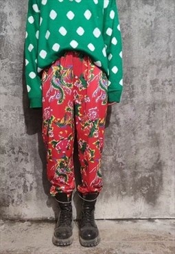 Dragon print joggers slim fit cuffed floral overalls in red