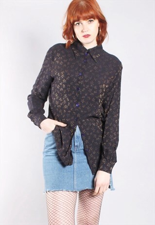 VINTAGE 80S METALLIC THREAD FABRIC FLORAL PATTERN BLOUSE