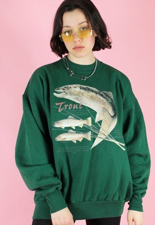 VINTAGE 90S SWEATSHIRT JUMPER IN GREEN WITH FISH PRINT