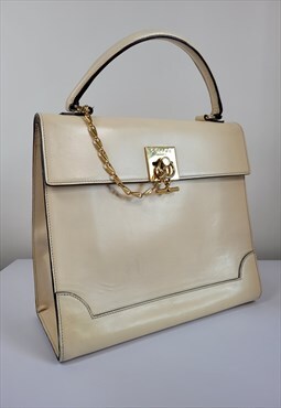 Celine Vintage Cream Leather Top Handle Toggle clasp Bag