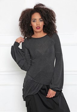Elongated slim fit jersey blouse with bishop sleeves