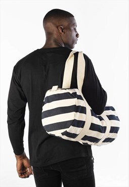 54 Floral Striped Barrel Holdall Backpack Bag - Cream/Blue