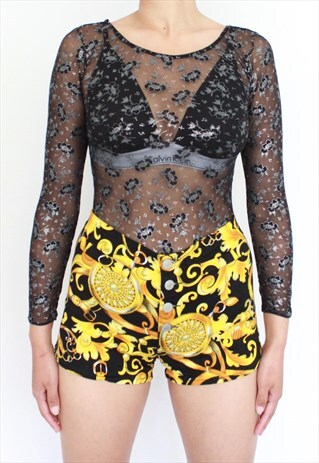 VINTAGE BLACK SHEER FLORAL BODYSUIT TOP