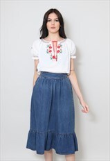 70's Ladies Vintage Denim Skirt Blue Cotton Tiered Midi