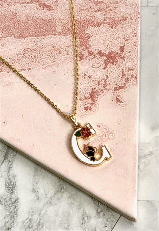 80s 'C' Initial Pendant Floral Necklace Vintage Jewellery