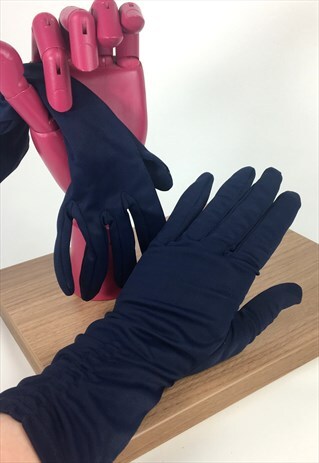 70'S VINTAGE GLOVES- NAVY BLUE STRETCH RUCHED DETAIL