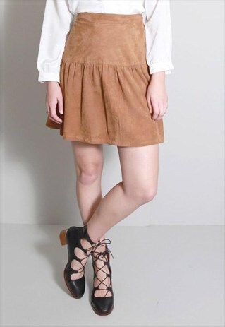 VINTAGE 1970'S SOFT BROWN SUEDE FLARED MINI SKIRT