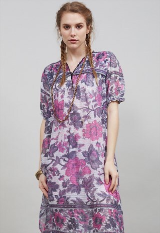 70'S MAGENTA AND CHARCOAL FLORAL INDIAN BOHO DRESS