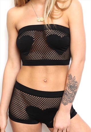 BLACK FISHNET HEART STRAPLESS BIKINI SWIMSUIT