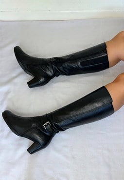 Leather Black Buckle Knee High Vintage Boots