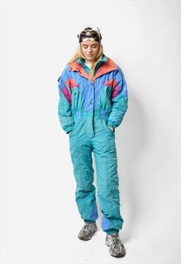 Retro 80s ski suit womens green teal multi coloured Vintage