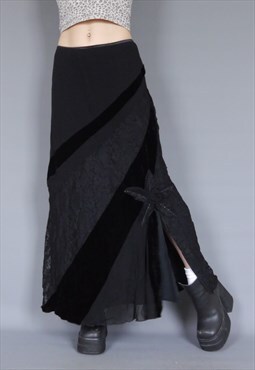 Vintage 90s black lace panel split leg maxi skirt 