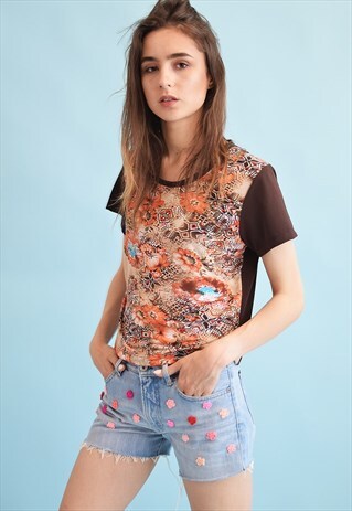 90'S RETRO FLORAL PRINT LYCRA TOP BLOUSE