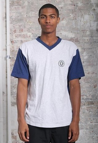 VINTAGE CHAMPION LOGO T-SHIRT GREY AND BLUE