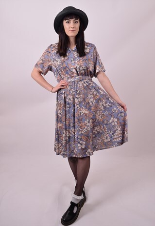 VINTAGE 70'S DOES 50'S FLOWER ROCKABILLY DRESS 12 14 16