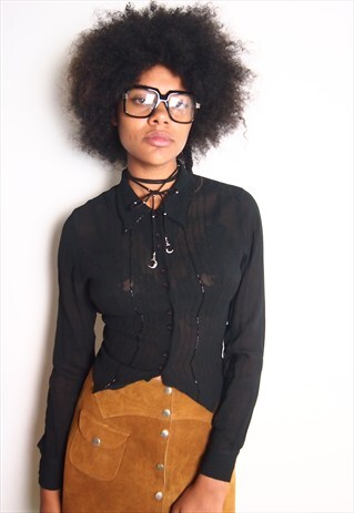 BLACK SHEER CROPPED BLOUSE WITH EMBROIDERED