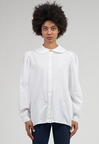 VINTAGE 90'S MOSCHINO WHITE LOGO PUFF SLEEVE STRIPED SHIRT