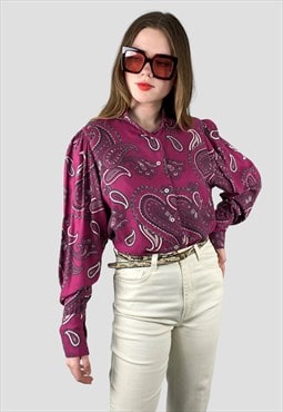 Vintage 80's Purple Cotton Ladies Paisley Long Sleeve Blouse