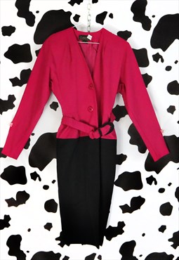 Vintage 50s Black Pink Monochrome Midi V Jacket Shirt Dress