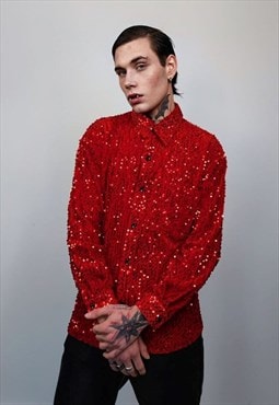 Sequin embellished shirt glitter top party blouse in red