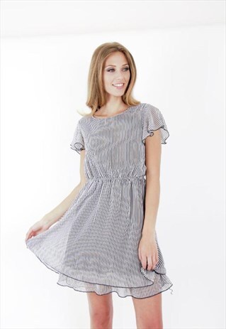 ROUND NECK SHORT SLEEVE MINI SKATER DRESS WITH ELASTIC WAIST