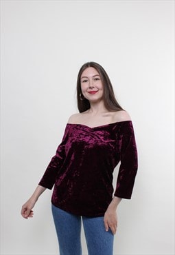 Vintage 90s off shoulder blouse, purple velvet blouse