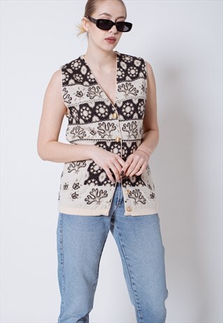 VINTAGE 80S PATTERNED GOLDEN BUTTON V-NECK WOMEN VEST S