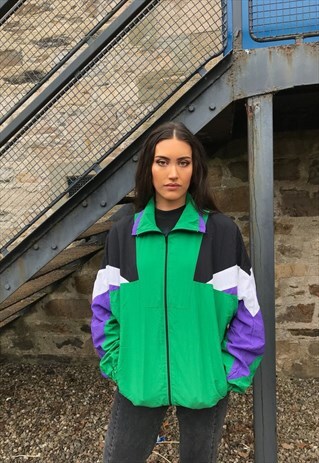 VINTAGE UNISEX WAVY OVERSIZED WINDBREAKER SHELL JACKET GREEN