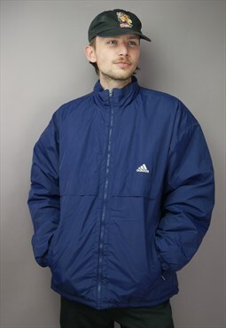 Vintage Adidas Fleece Lined Coat Jacket in Blue with Logo