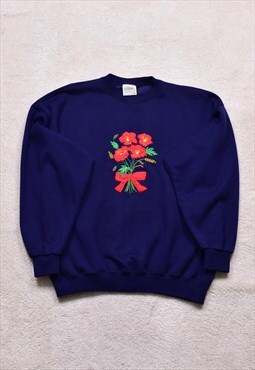 Women's True Vintage 90s Floral Embroidered Navy Sweater
