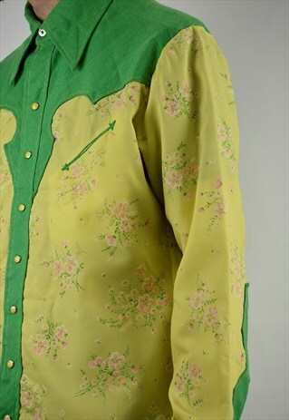 VINTAGE 70S FLUORESCENT FLORALS AUTHENTIC WESTERN SHIRT