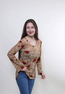 Vintage 90s leopard blouse, flowers blouse, sheer pullover 